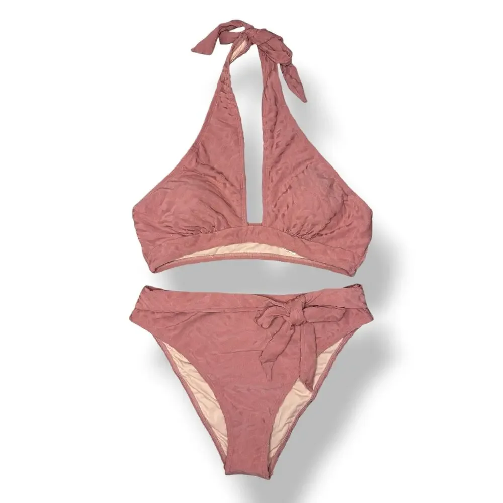 Cupshe Women’s Large Beachcomber Cross Halter Bikini Swimsuit Mauve Textured NEW